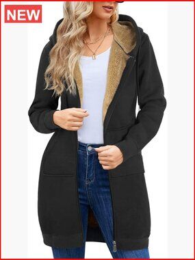 Long Sherpa Lined Zip Up Hoodie Tunic Jacket Fleece Coat